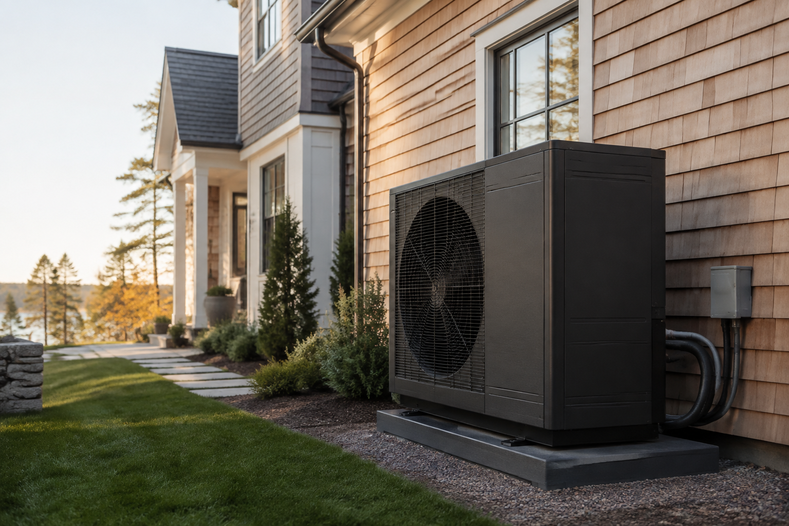 A heat pump installed beside a New England building